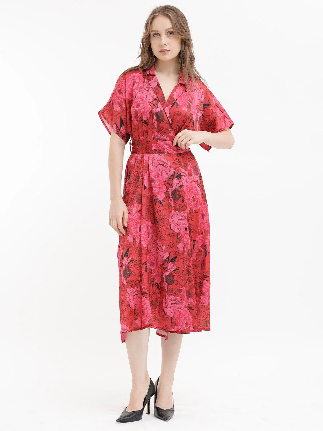 RAREISM Floral Print V-Neck Fit & Flare Midi Dress - Image 6