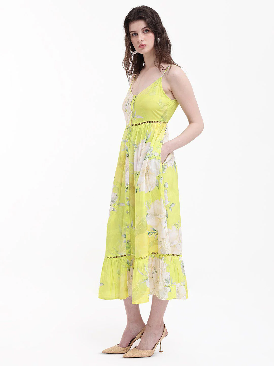 RAREISM Floral Printed Shoulder Straps Gathered Fit & Flare Midi Dress - Image 5