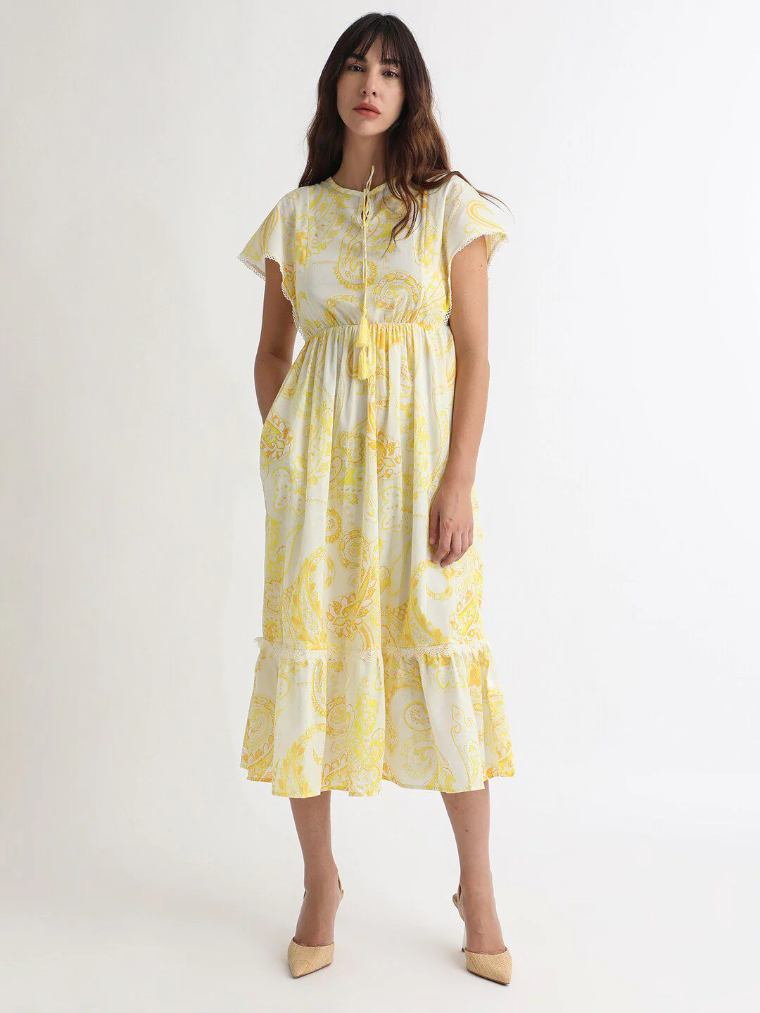 RAREISM Floral Printed Tie-Ups Detail Extended Sleeve Cotton Fit & Flare Midi Dress
