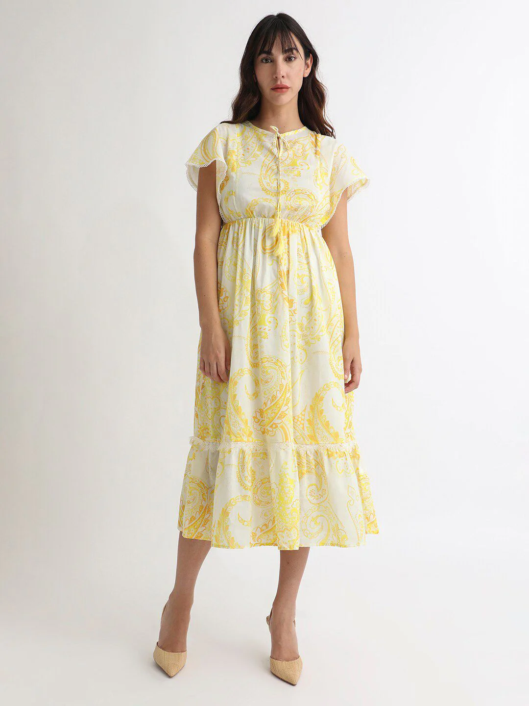 RAREISM Floral Printed Tie-Ups Detail Extended Sleeve Cotton Fit & Flare Midi Dress - Image 2