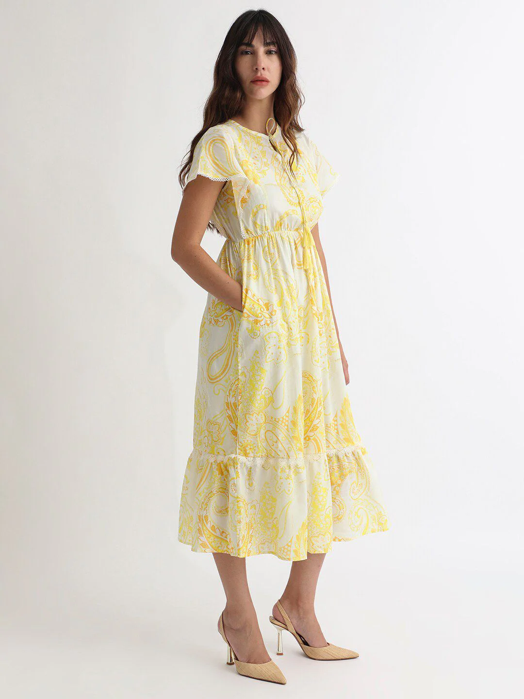 RAREISM Floral Printed Tie-Ups Detail Extended Sleeve Cotton Fit & Flare Midi Dress - Image 3