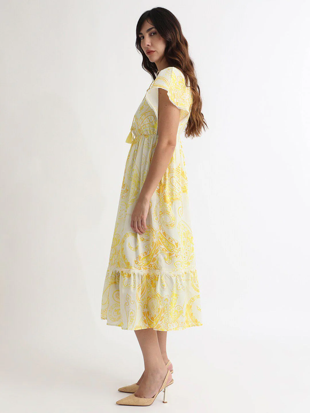 RAREISM Floral Printed Tie-Ups Detail Extended Sleeve Cotton Fit & Flare Midi Dress - Image 5