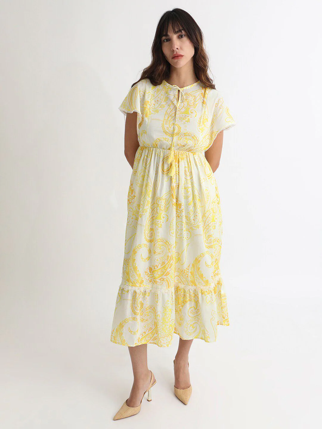 RAREISM Floral Printed Tie-Ups Detail Extended Sleeve Cotton Fit & Flare Midi Dress - Image 7