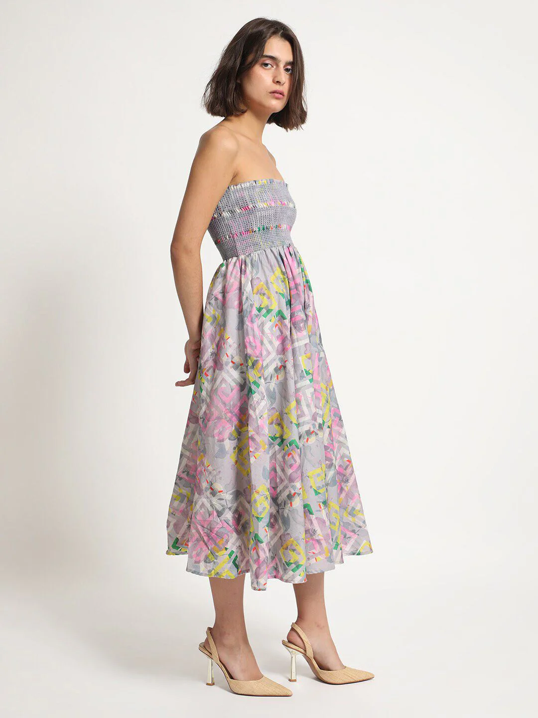 RAREISM Geo Floral Printed Off-Shoulder Fit & Flare Tube Midi Dress - Image 3