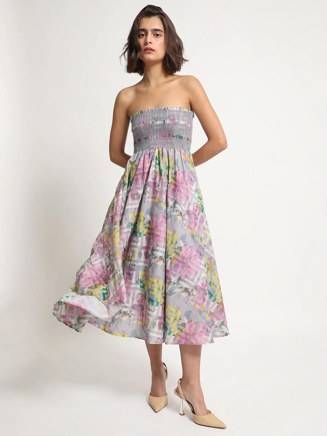 RAREISM Geo Floral Printed Off-Shoulder Fit & Flare Tube Midi Dress - Image 4