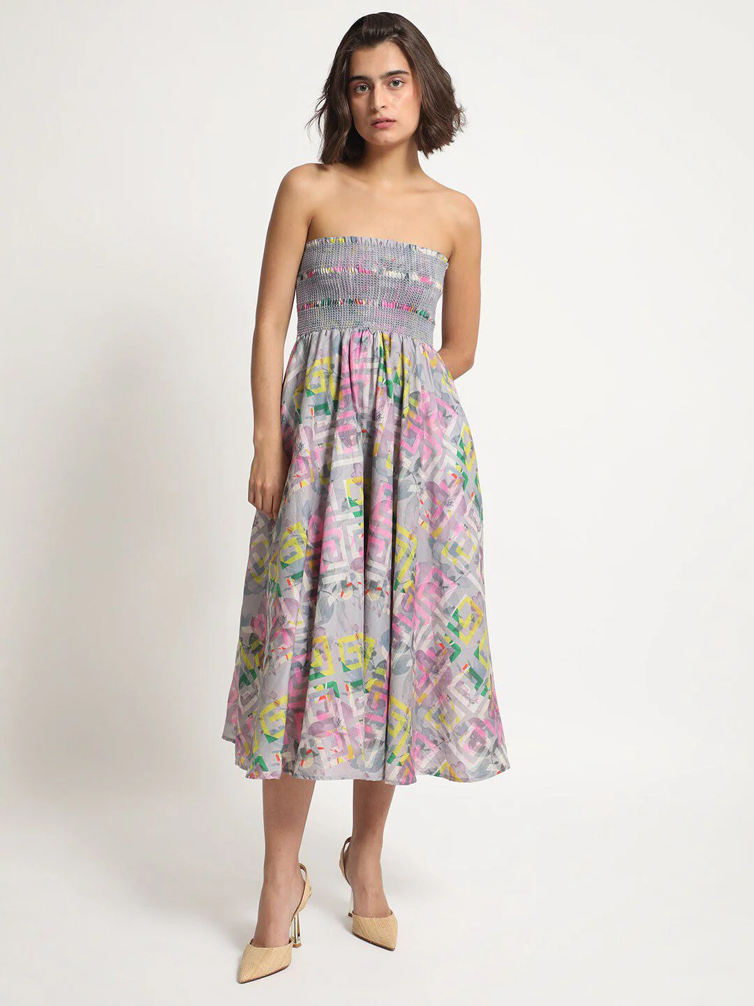 RAREISM Geo Floral Printed Off-Shoulder Fit & Flare Tube Midi Dress - Image 5