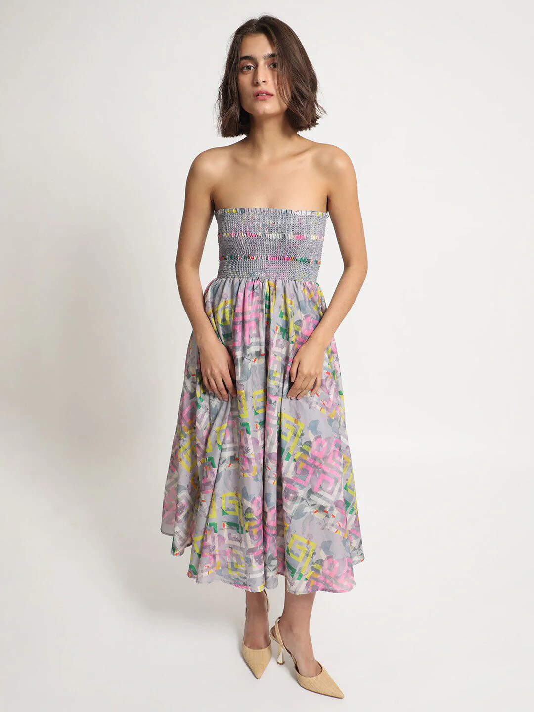 RAREISM Geo Floral Printed Off-Shoulder Fit & Flare Tube Midi Dress - Image 6