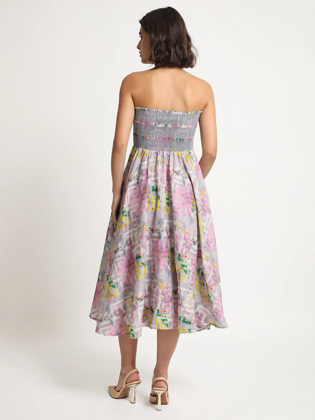 RAREISM Geo Floral Printed Off-Shoulder Fit & Flare Tube Midi Dress - Image 7