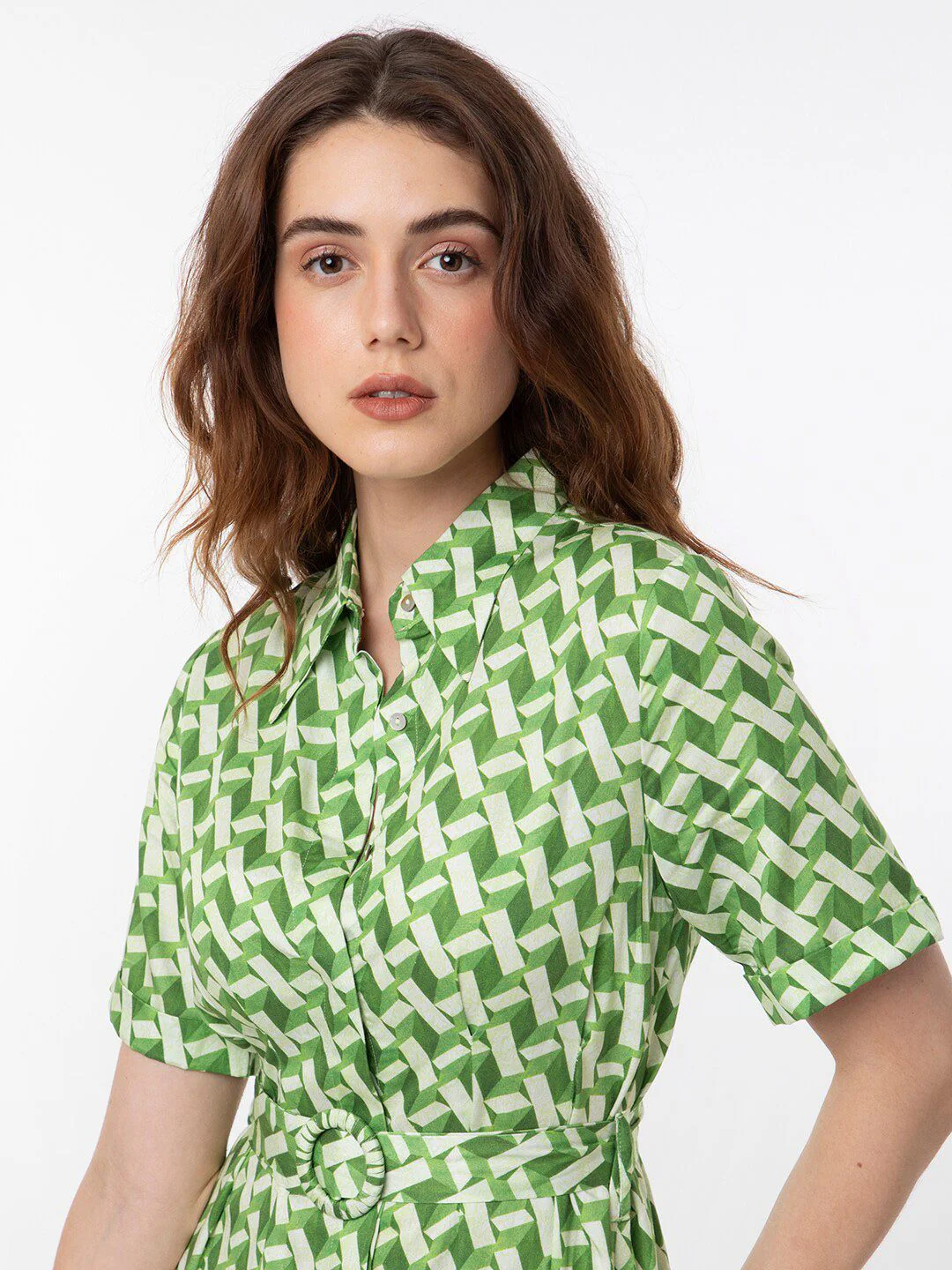 RAREISM Geometric Printed Cotton Midi Shirt Dress - Image 2