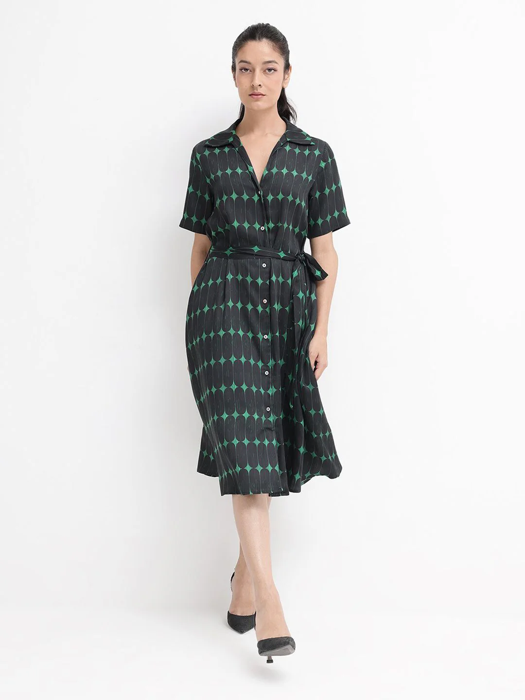 RAREISM Geometric Printed Cotton Shirt Dress