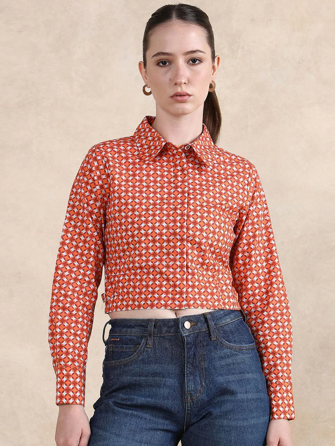 RAREISM Geometric Printed Cotton Shirt Style Crop Top - Image 2