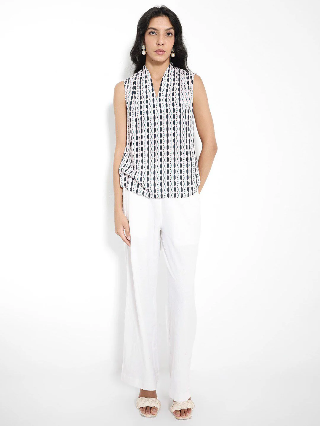 RAREISM Geometric Printed V-Neck Cotton Top - Image 6