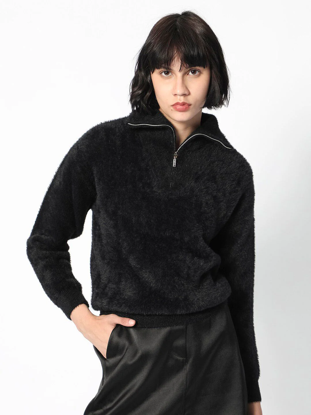 RAREISM Henley Neck Faux Fur Pullover
