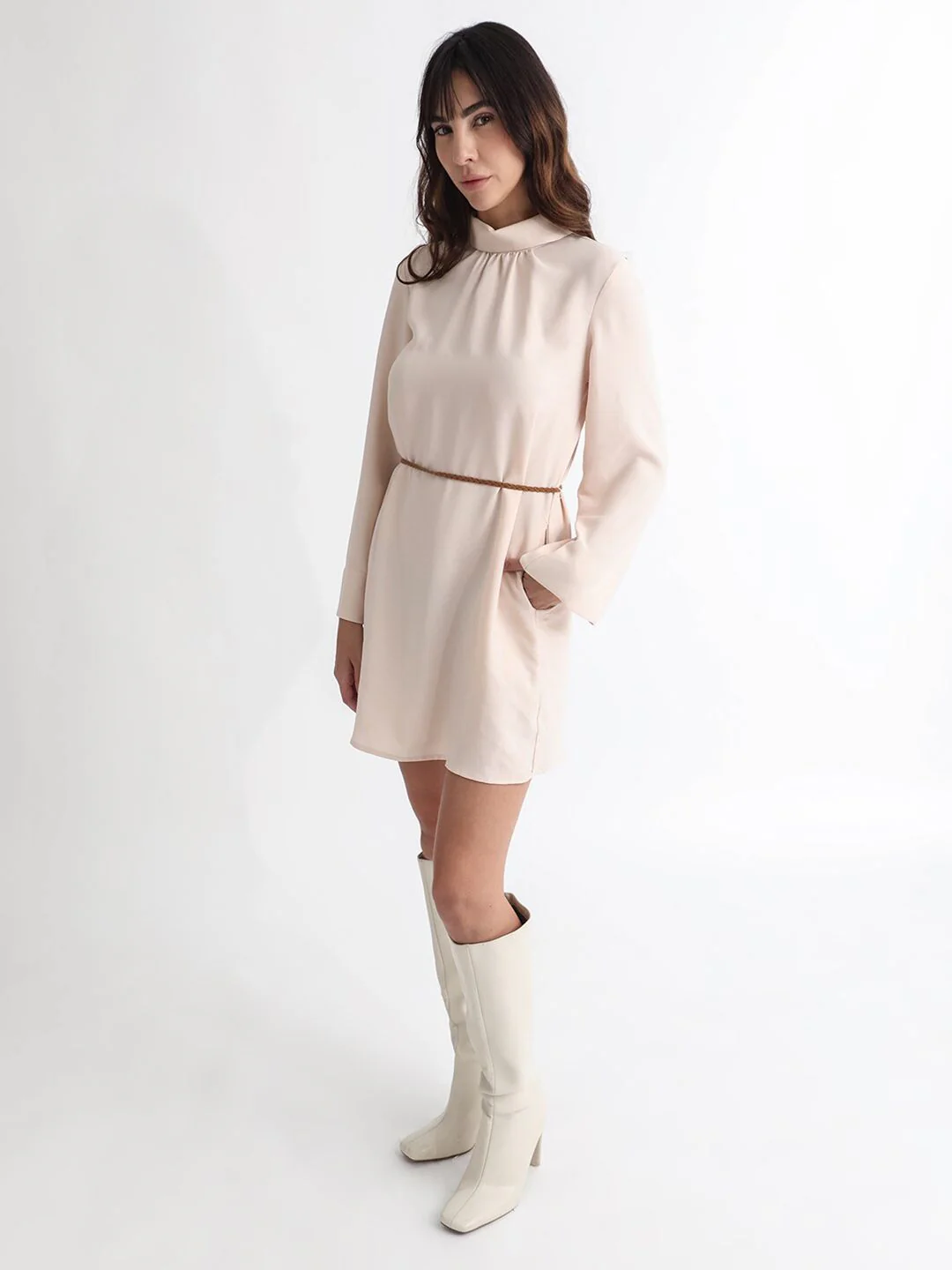 RAREISM High Neck Flared Sleeves A-Line Formal Dress With Suede Corded Belt