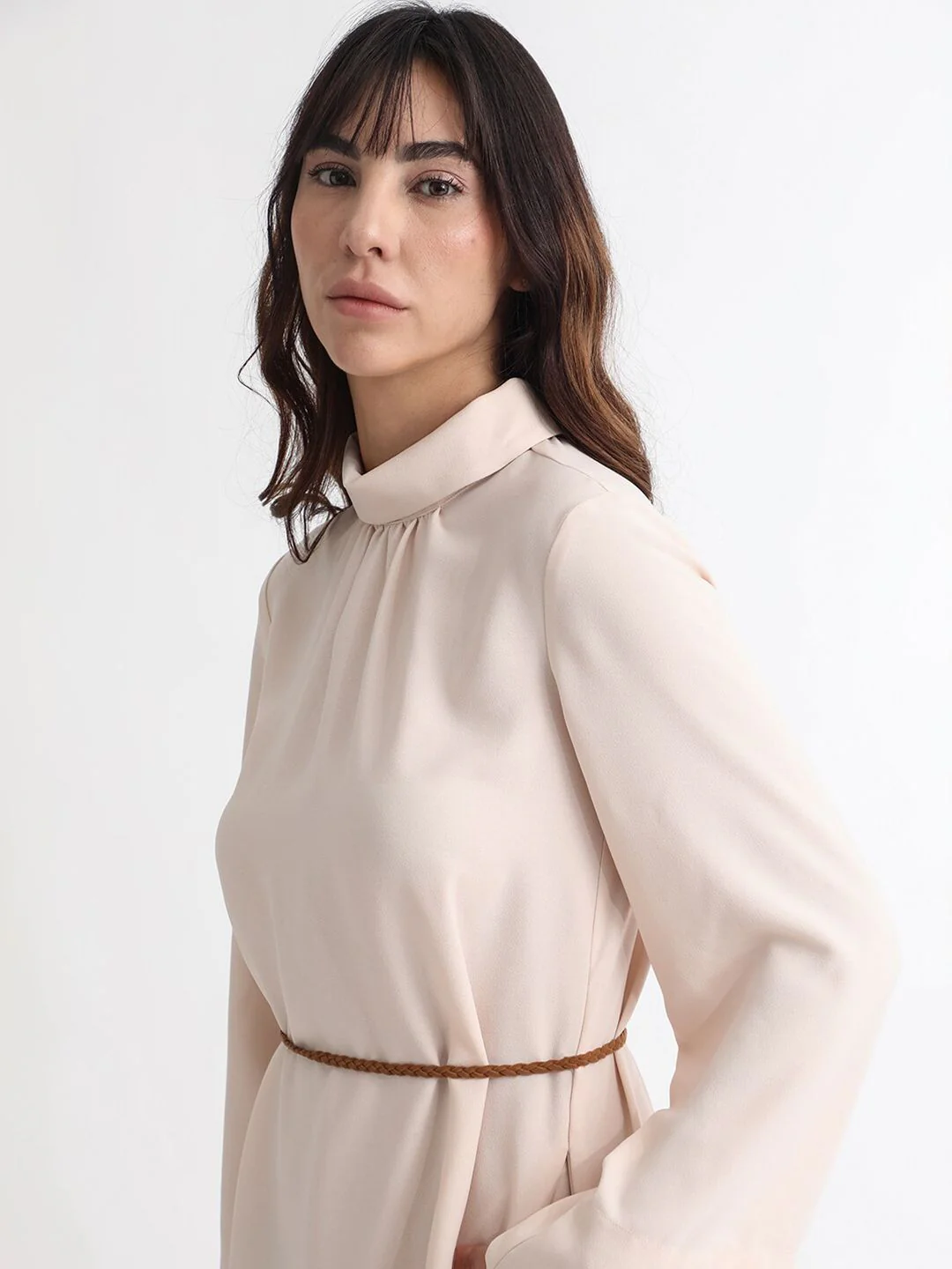 RAREISM High Neck Flared Sleeves A-Line Formal Dress With Suede Corded Belt - Image 7