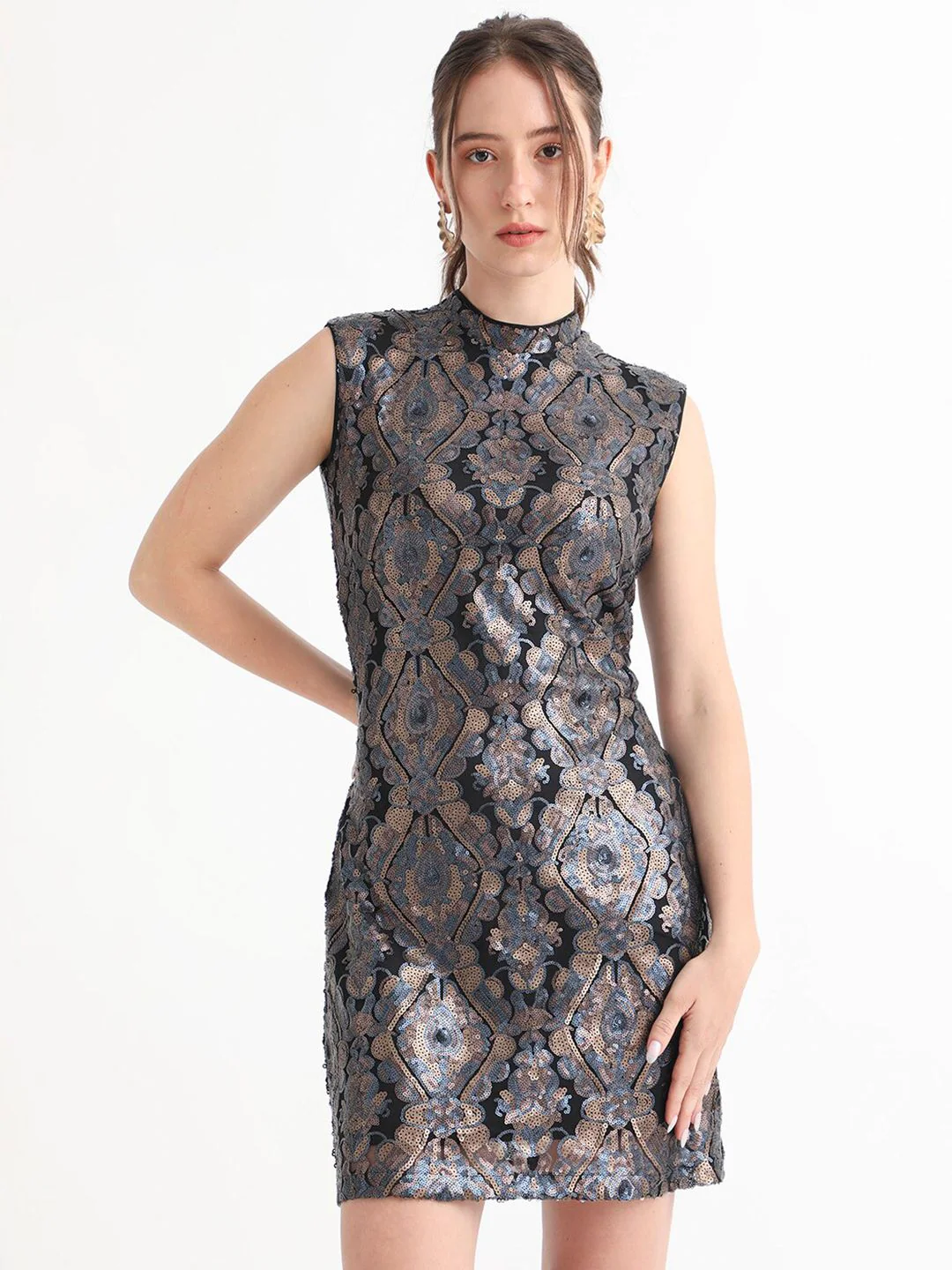RAREISM High Neck Sleeveless Sequin Embellished Sheath Above Knee Dress - Image 7