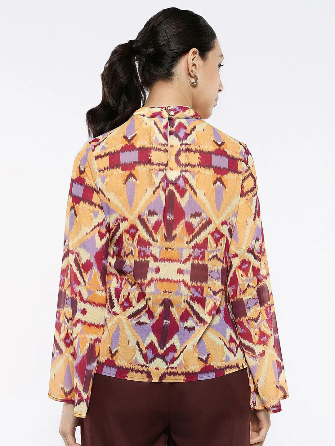 RAREISM Print Flared Sleeve Cotton Styled Back Top - Image 4