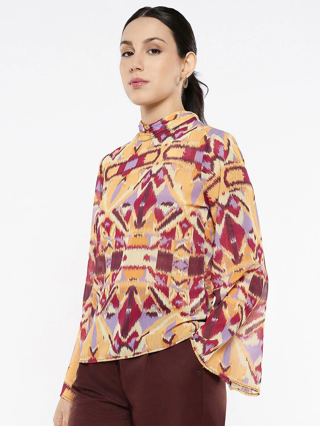 RAREISM Print Flared Sleeve Cotton Styled Back Top - Image 5