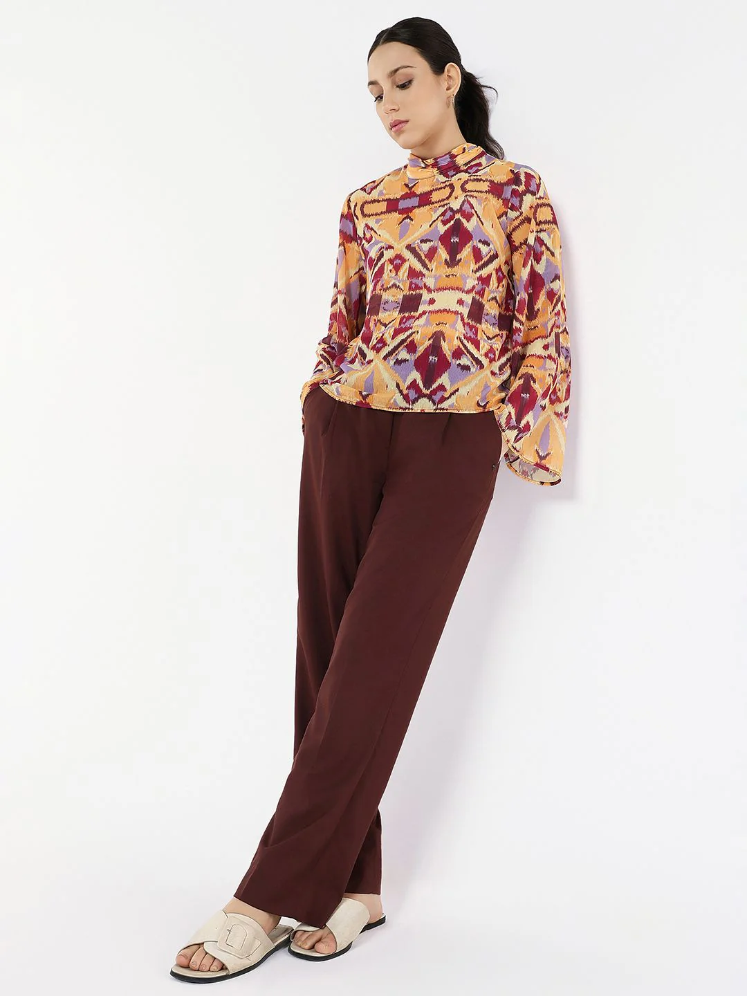 RAREISM Print Flared Sleeve Cotton Styled Back Top - Image 6