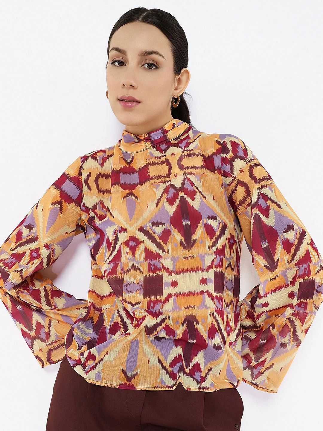 RAREISM Print Flared Sleeve Cotton Styled Back Top - Image 7
