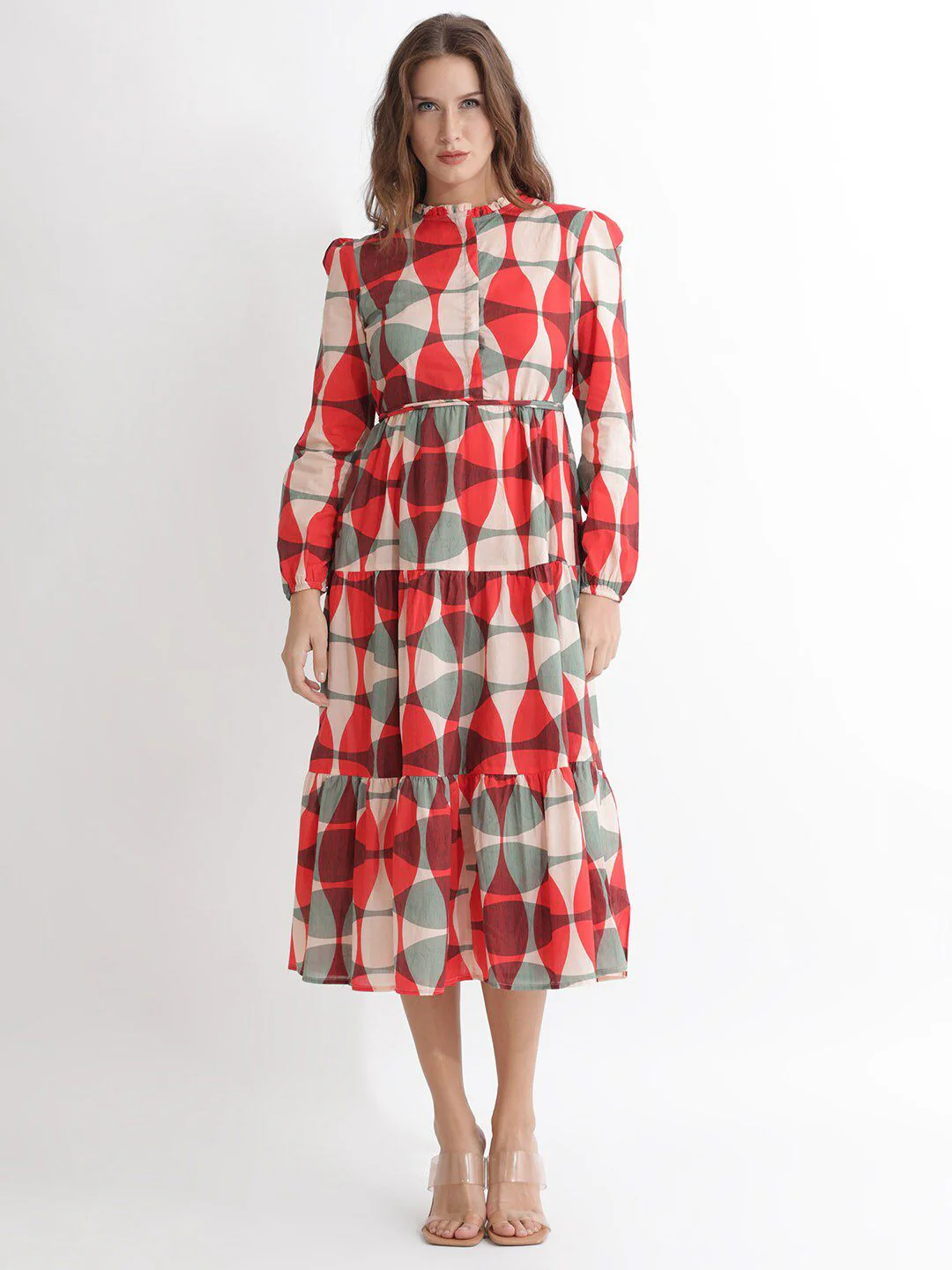 RAREISM Printed Puff Sleeves Cotton Fit & Flare Midi Dress