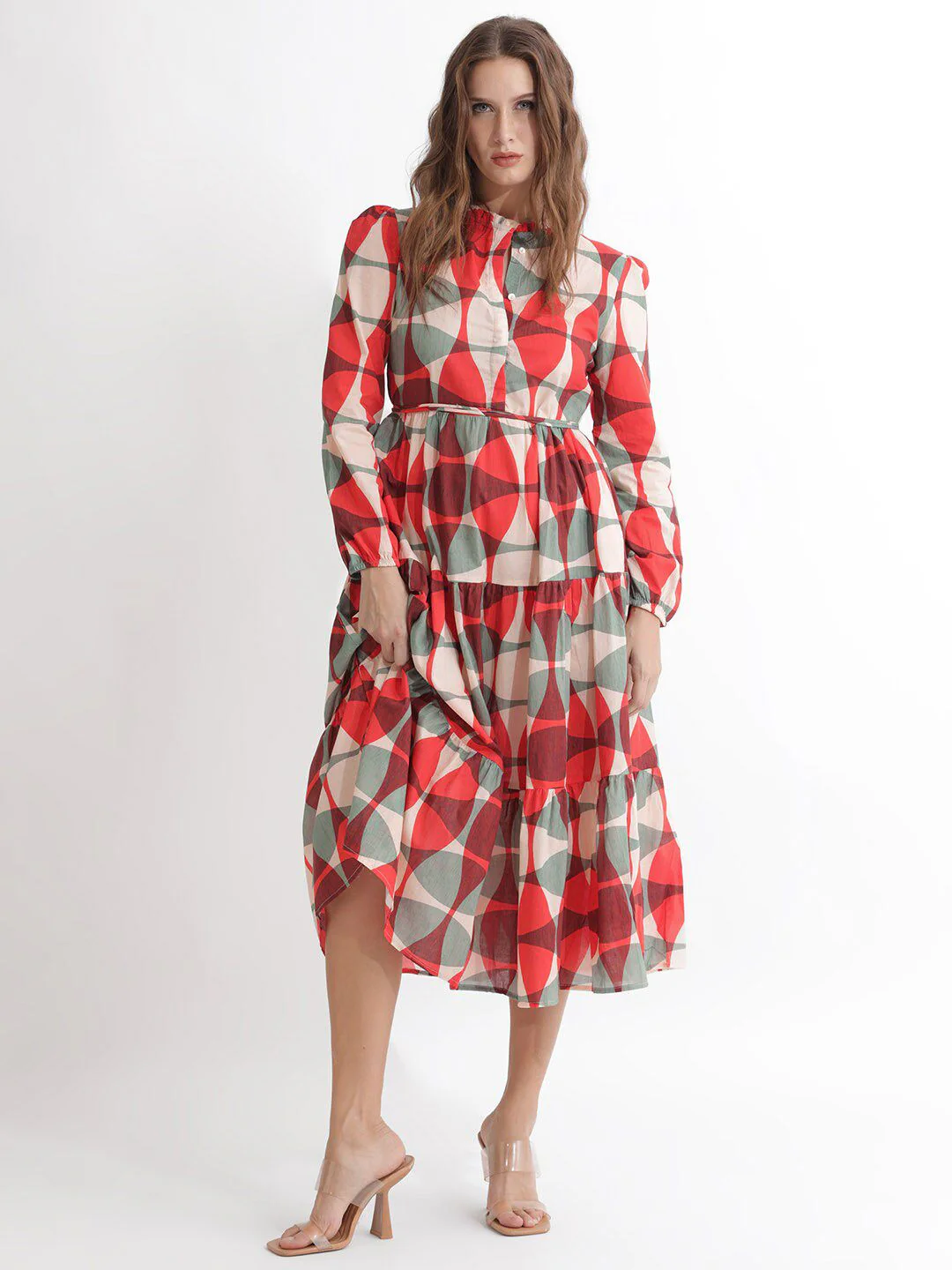 RAREISM Printed Puff Sleeves Cotton Fit & Flare Midi Dress - Image 6