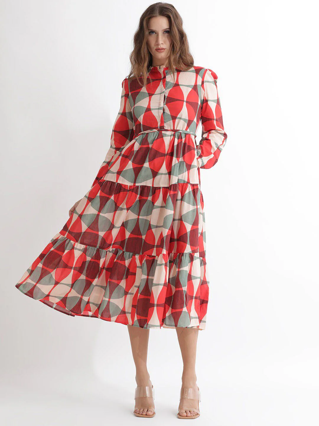 RAREISM Printed Puff Sleeves Cotton Fit & Flare Midi Dress - Image 7