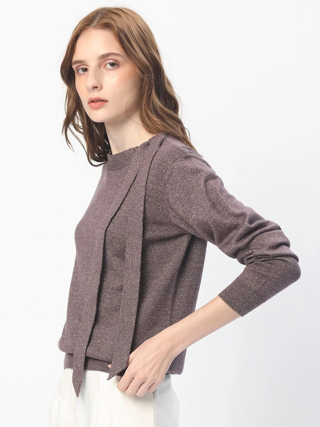 RAREISM Round Neck Acrylic Tie up Shimmer Sweater - Image 3
