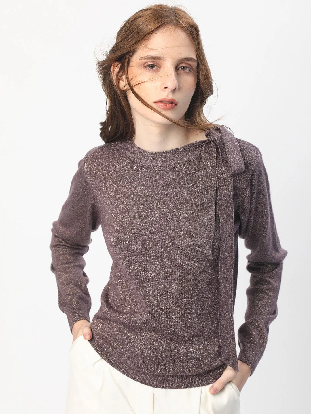 RAREISM Round Neck Acrylic Tie up Shimmer Sweater - Image 6