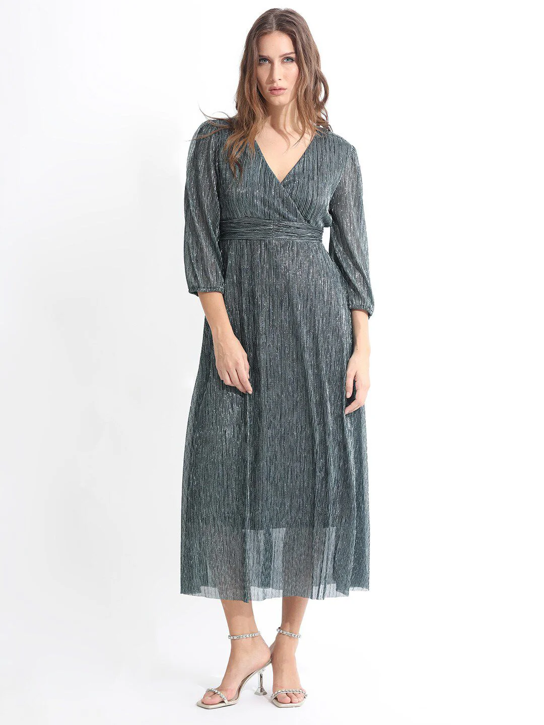RAREISM Self Design Cuffed Sleeves Fit & Flare Midi Dress - Image 3
