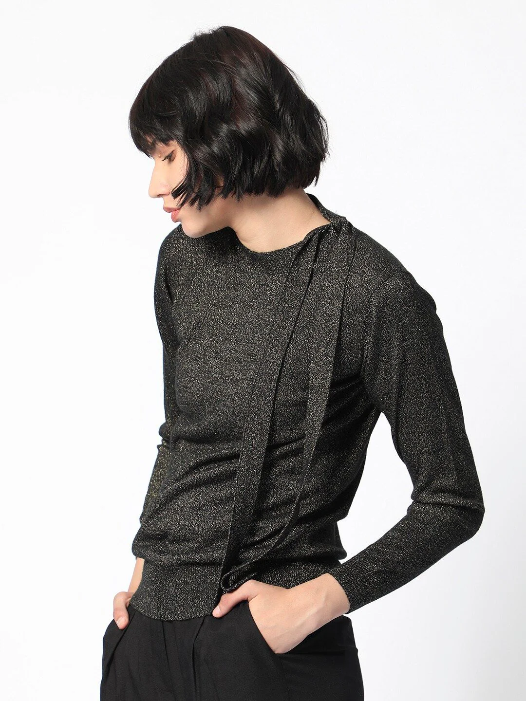 RAREISM Self Design Tie Ups Detail Long Sleeves Shimmer Top - Image 5