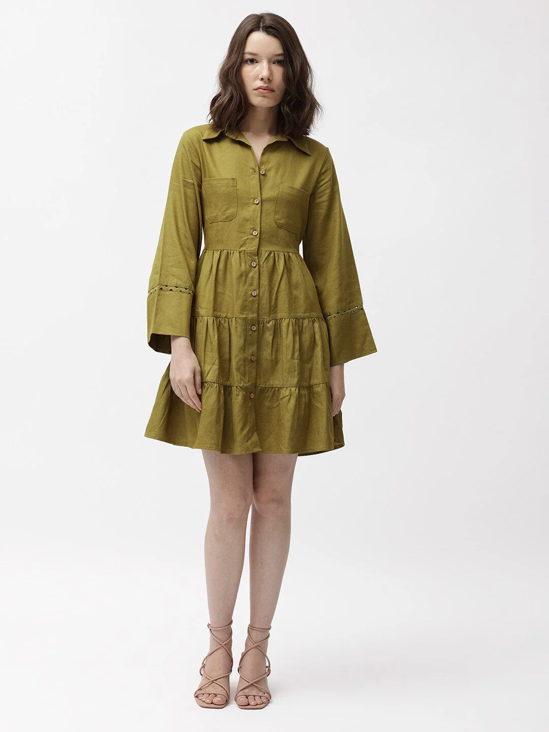 RAREISM Shirt Collar Cotton A-Line Dress