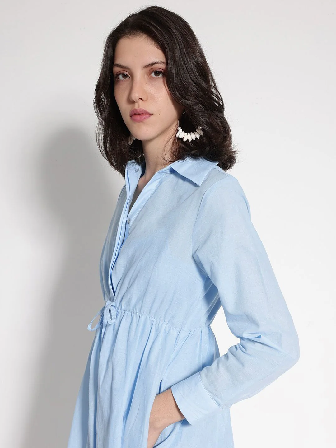 RAREISM Shirt Collar Cuffed Sleeves Cotton Fit & Flare Dress - Image 2