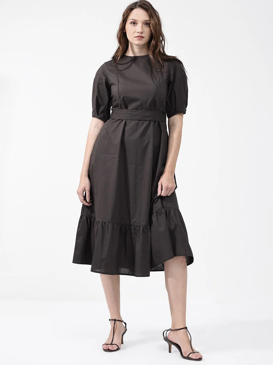 RAREISM Short Sleeves Mandarin Collar Cotton A-Line Midi Dress