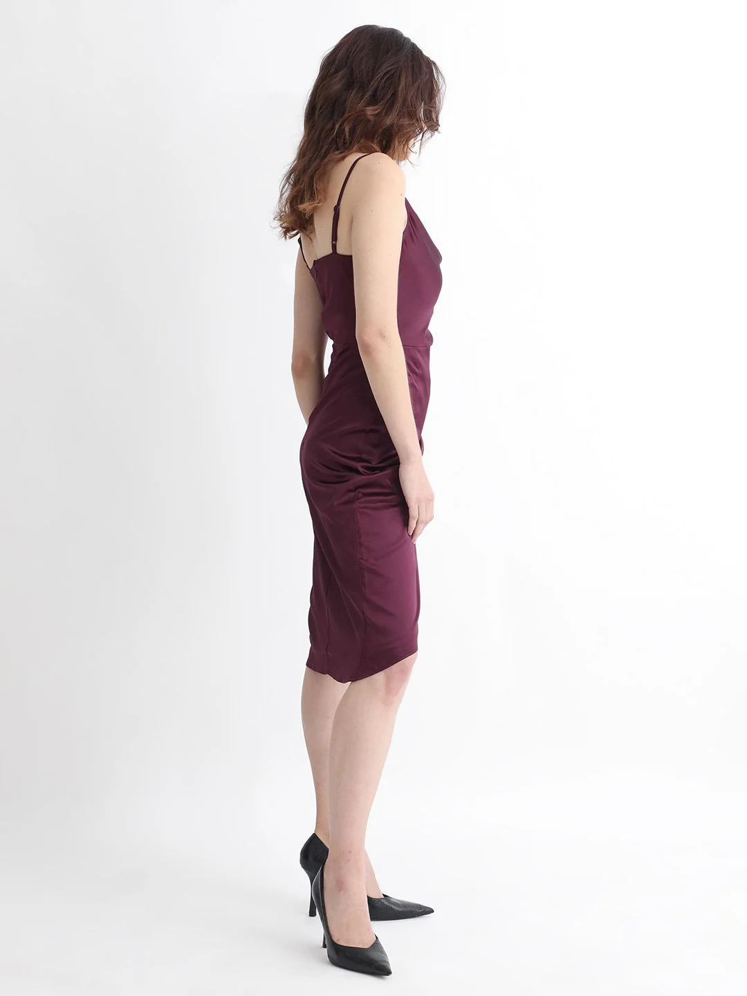 RAREISM Shoulder Straps Sleeveless Gathered Detail Satin Slip-On Sheath Dress - Image 3
