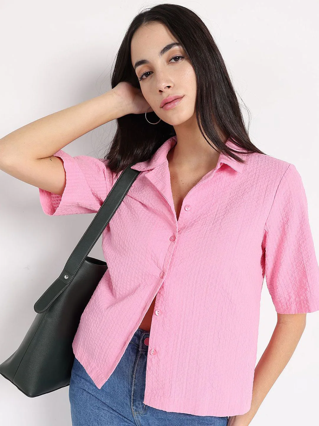 RAREISM Solid Self Design Cotton Shirt Style Top - Image 7