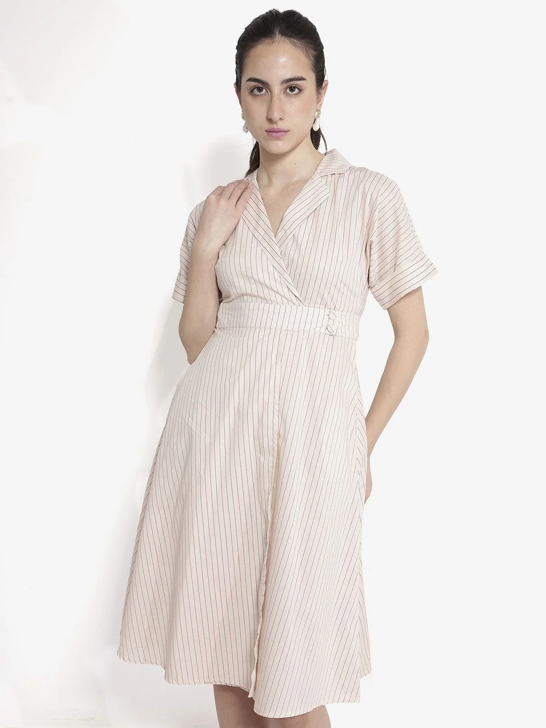 RAREISM Striped Shirt Collar Fit & Flare Dress - Image 7