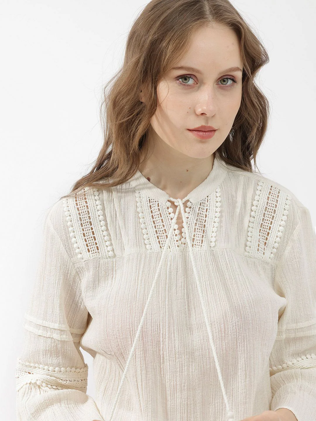 RAREISM Striped Tie-Up Neck Bell Sleeve Cotton Top - Image 2