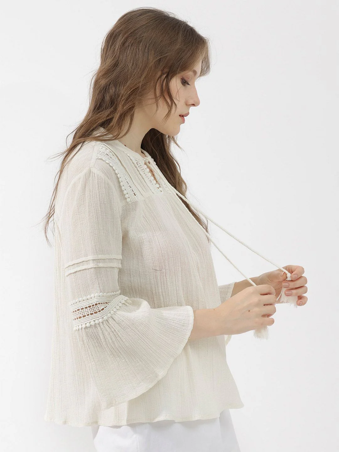 RAREISM Striped Tie-Up Neck Bell Sleeve Cotton Top - Image 3