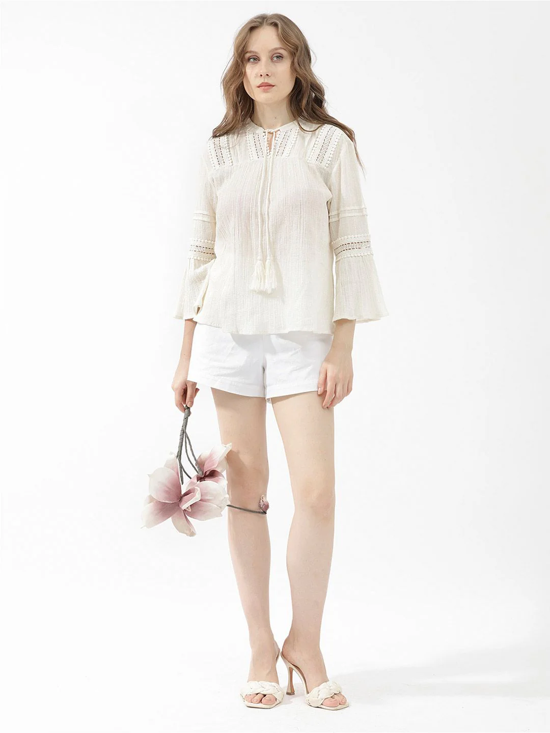 RAREISM Striped Tie-Up Neck Bell Sleeve Cotton Top - Image 6