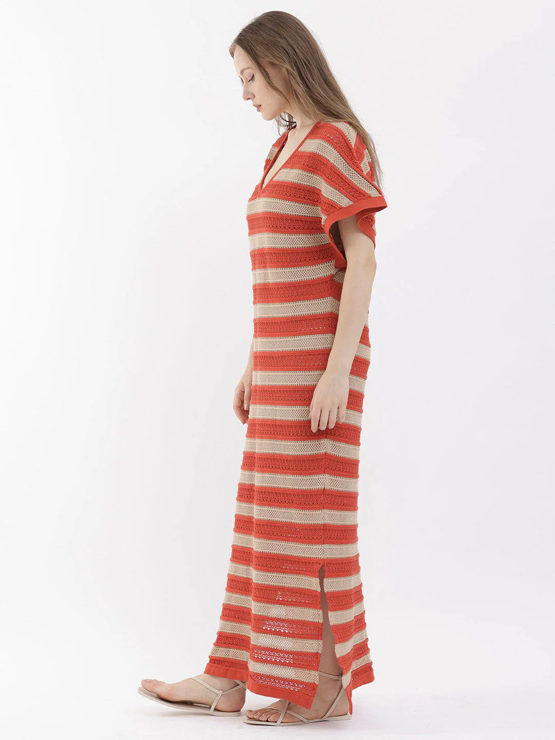 RAREISM Striped V-Neck Short Sleeves Cotton Maxi Dress - Image 4