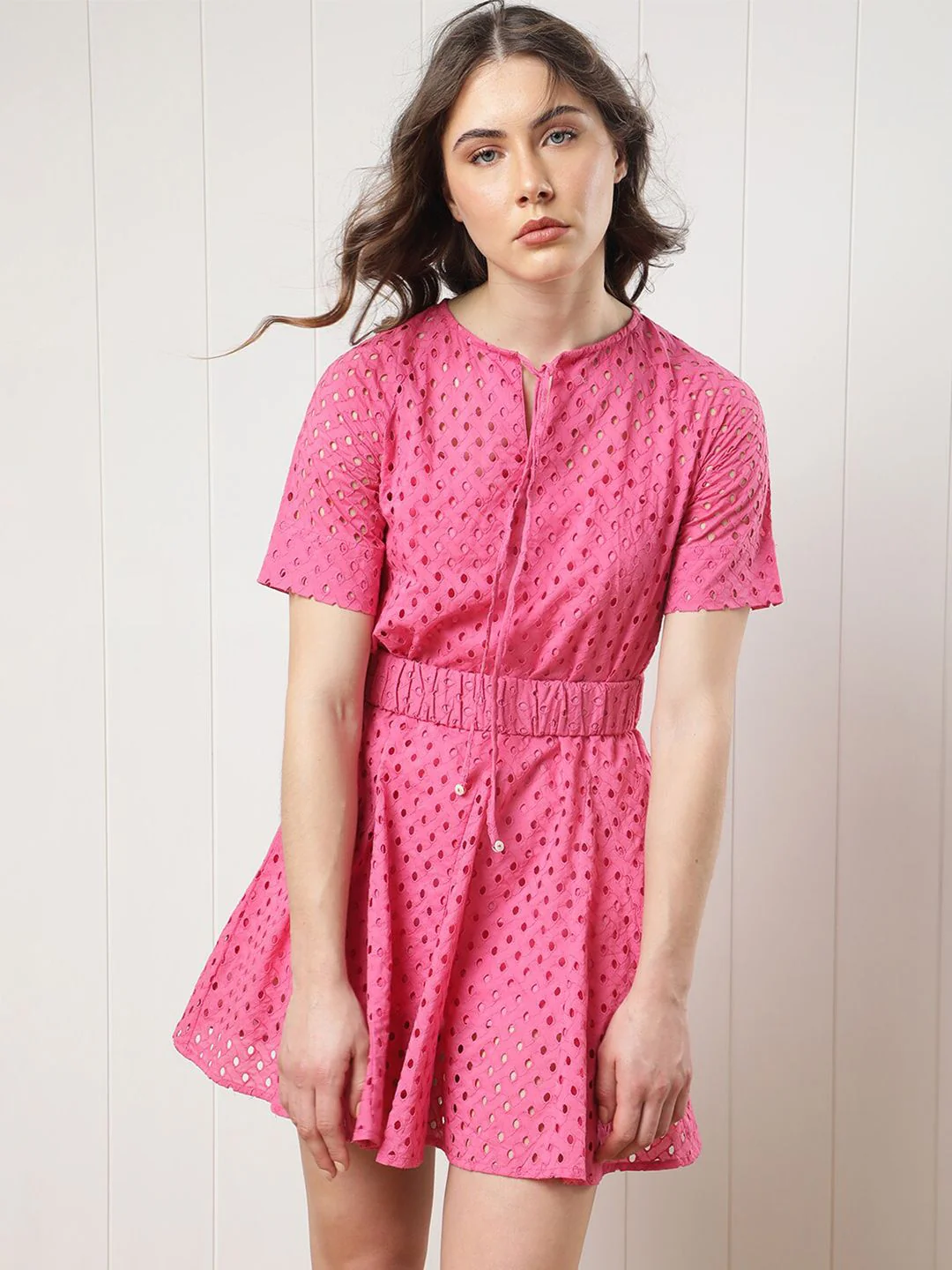 RAREISM Tie-Up Neck Self Design Dress - Image 6