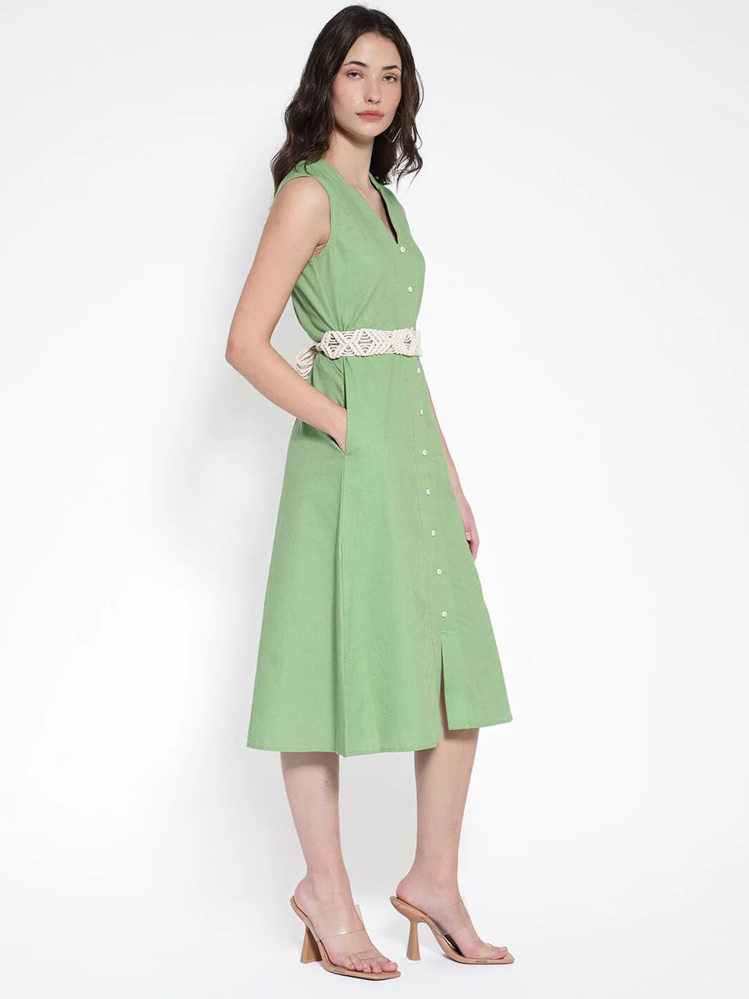 RAREISM V Neck Linen A-Line Midi Dress - Image 3