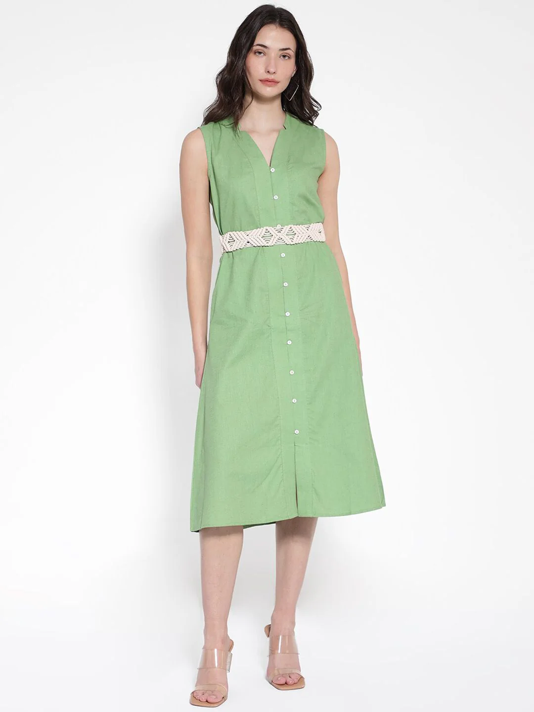 RAREISM V Neck Linen A-Line Midi Dress - Image 4