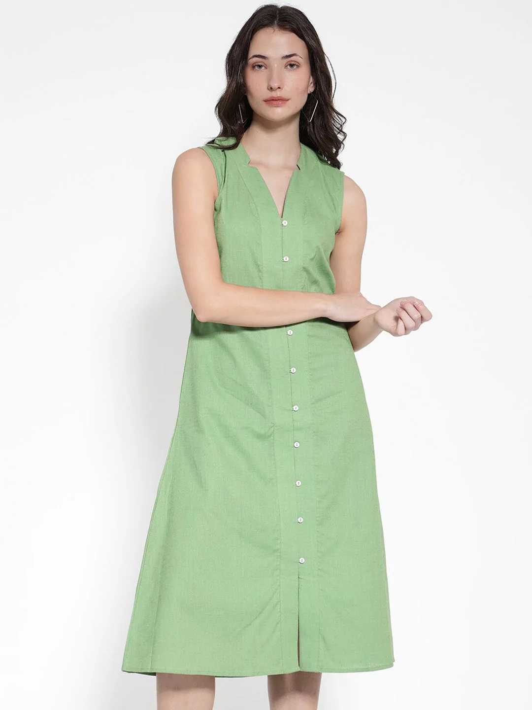 RAREISM V Neck Linen A-Line Midi Dress - Image 7