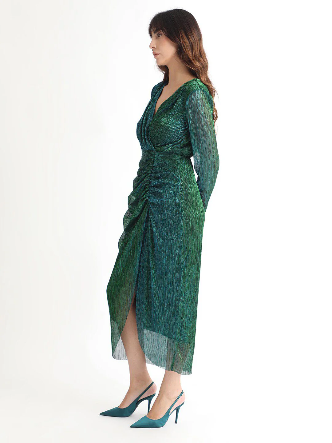 RAREISM V-Neck Long Sleeves Shimmer Wrap Midi Dress - Image 3