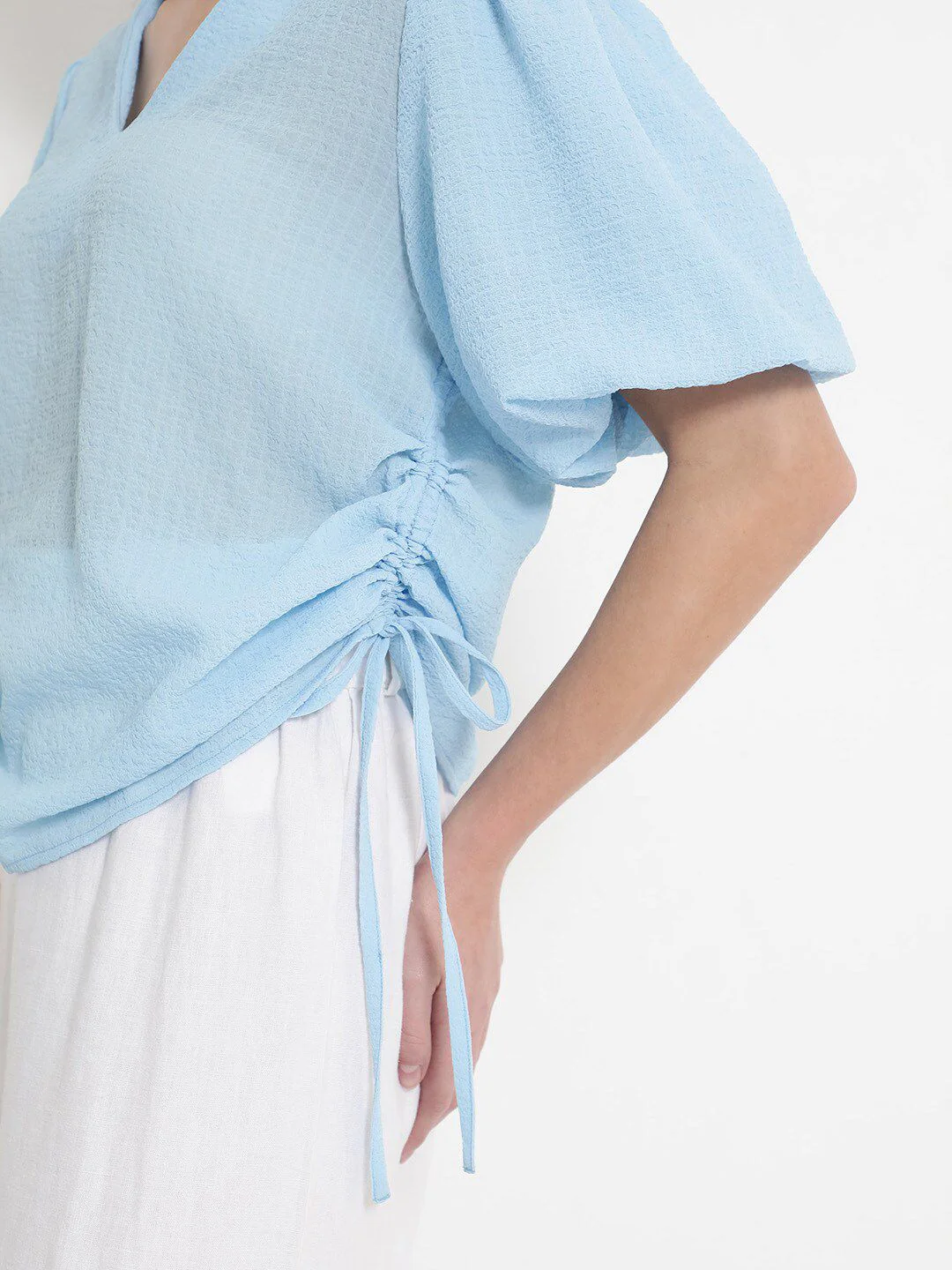 RAREISM V Neck Puff Sleeve Cotton Styled Back Top - Image 2