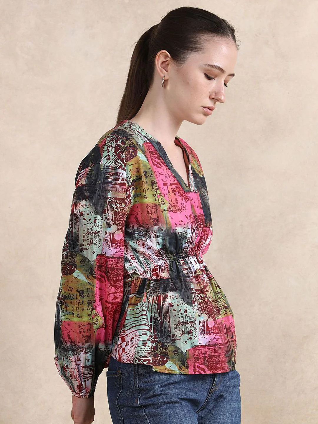 RAREISM Women Abstract Printed Puff Sleeves Cotton Top - Image 3