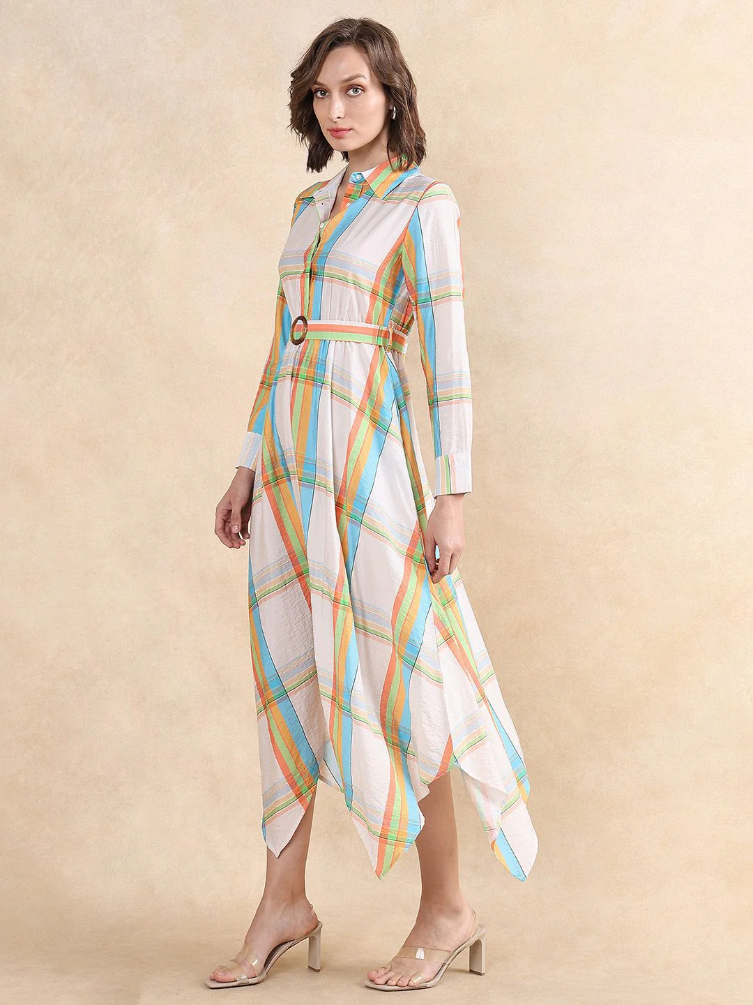 RAREISM Women Checked Fit & Flare Belted Maxi Dress Pocket Detailing - Image 5