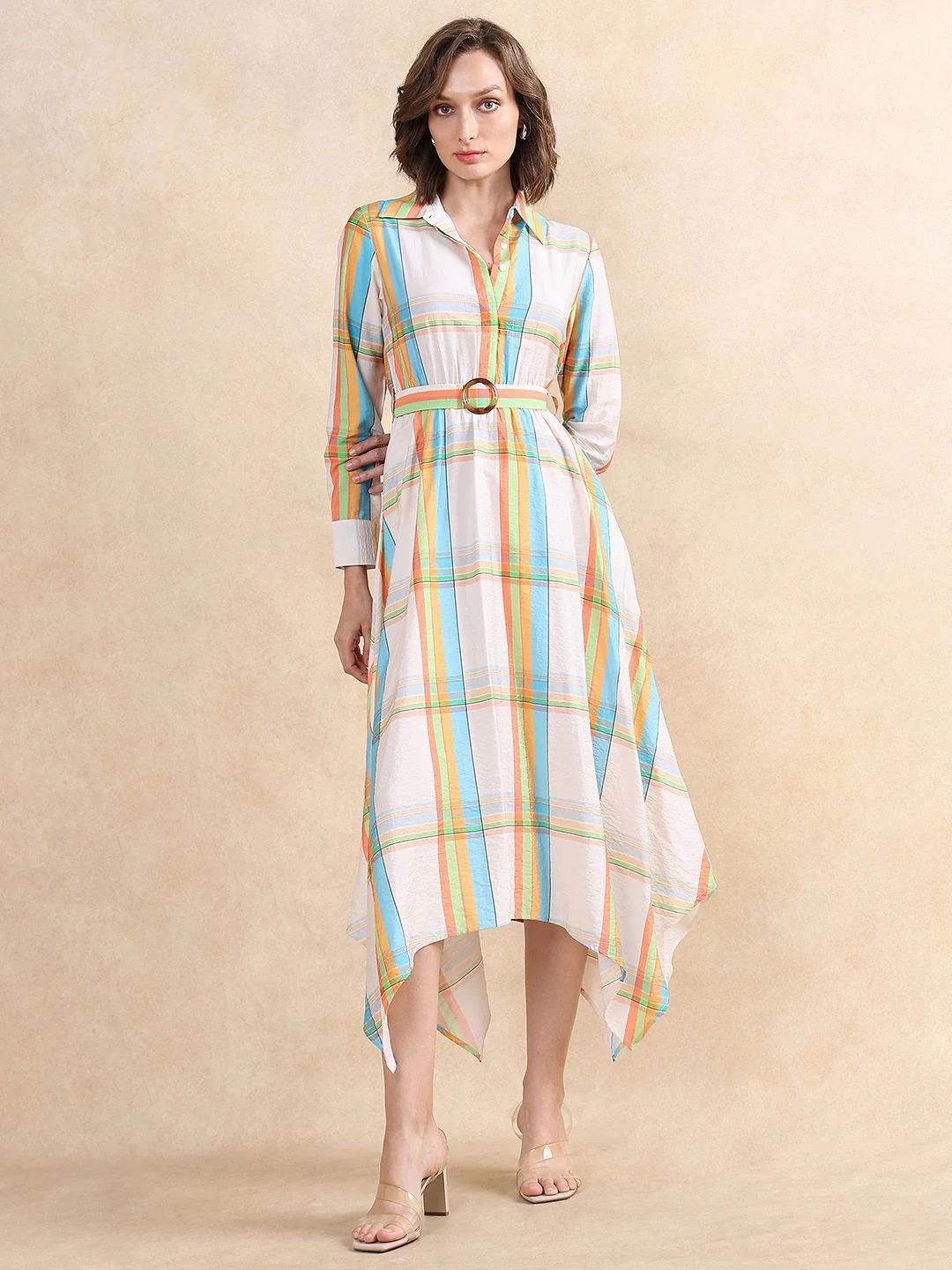 RAREISM Women Checked Fit & Flare Belted Maxi Dress Pocket Detailing - Image 6